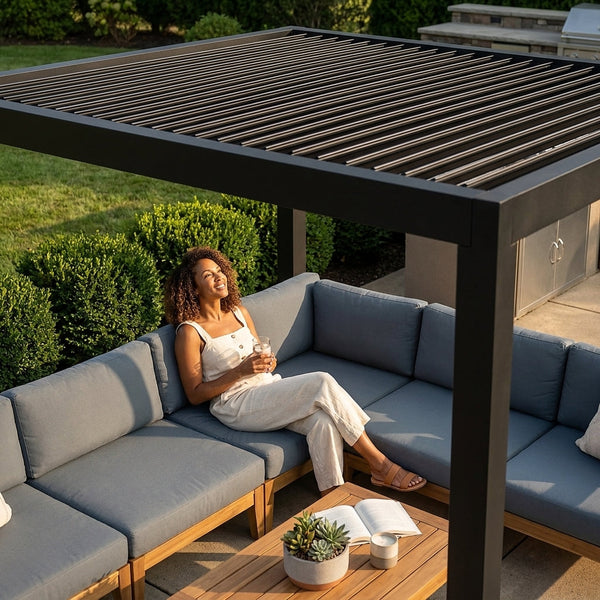 Aluminum Pergola Built for Year-Round Shade, Motorized Louvers, Powder-Coated Frame, Stainless Hardware