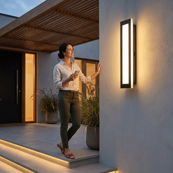 Architectural Wall Sconce Built for Modern Facades, Aluminum Housing, LED Light Bar, Diffused Halo Effect