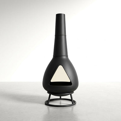 Steel Chiminea Fire Pit Designed for Modern Patios, High-Draft Design, Ceramic Coating, Triangular Viewing Window