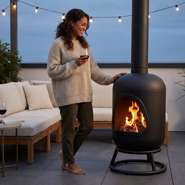Steel Chiminea Fire Pit Designed for Modern Patios, High-Draft Design, Ceramic Coating, Triangular Viewing Window
