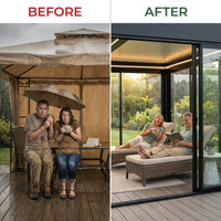 Enclosed Glass Pavilion Built for Year-Round Use, Powder-Coated Aluminum Frame, Tempered Glass Walls, LED Lighting — Before & After