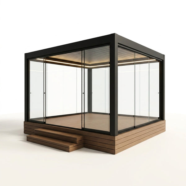 Enclosed Glass Pavilion Built for Year-Round Use, Powder-Coated Aluminum Frame, Tempered Glass Walls, LED Lighting — Studio Shot