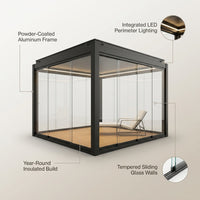 Enclosed Glass Pavilion Built for Year-Round Use, Powder-Coated Aluminum Frame, Tempered Glass Walls, LED Lighting — infographic