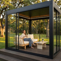 Enclosed Glass Pavilion Built for Year-Round Use, Powder-Coated Aluminum Frame, Tempered Glass Walls, LED Lighting — Lifestyle