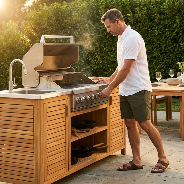 Outdoor Kitchen Island Built for Premium Cooking, Stainless Steel Worktop, Teak Cabinet Faces, Weather Resistant