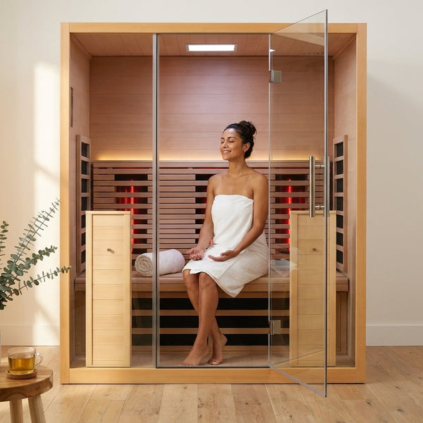 Infrared Sauna Cabin Designed for Home Wellness, Full Glass Door, Canadian Hemlock Wood, Red Light Therapy
