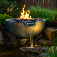 Fire and Water Bowl Built for Outdoor Elegance, 36" GFRC Concrete, Stainless Steel Burner, Brass Scupper