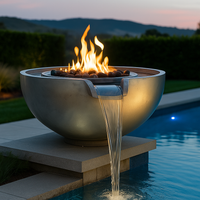Fire and Water Bowl Built for Outdoor Elegance, 36" GFRC Concrete, Stainless Steel Burner, Brass Scupper